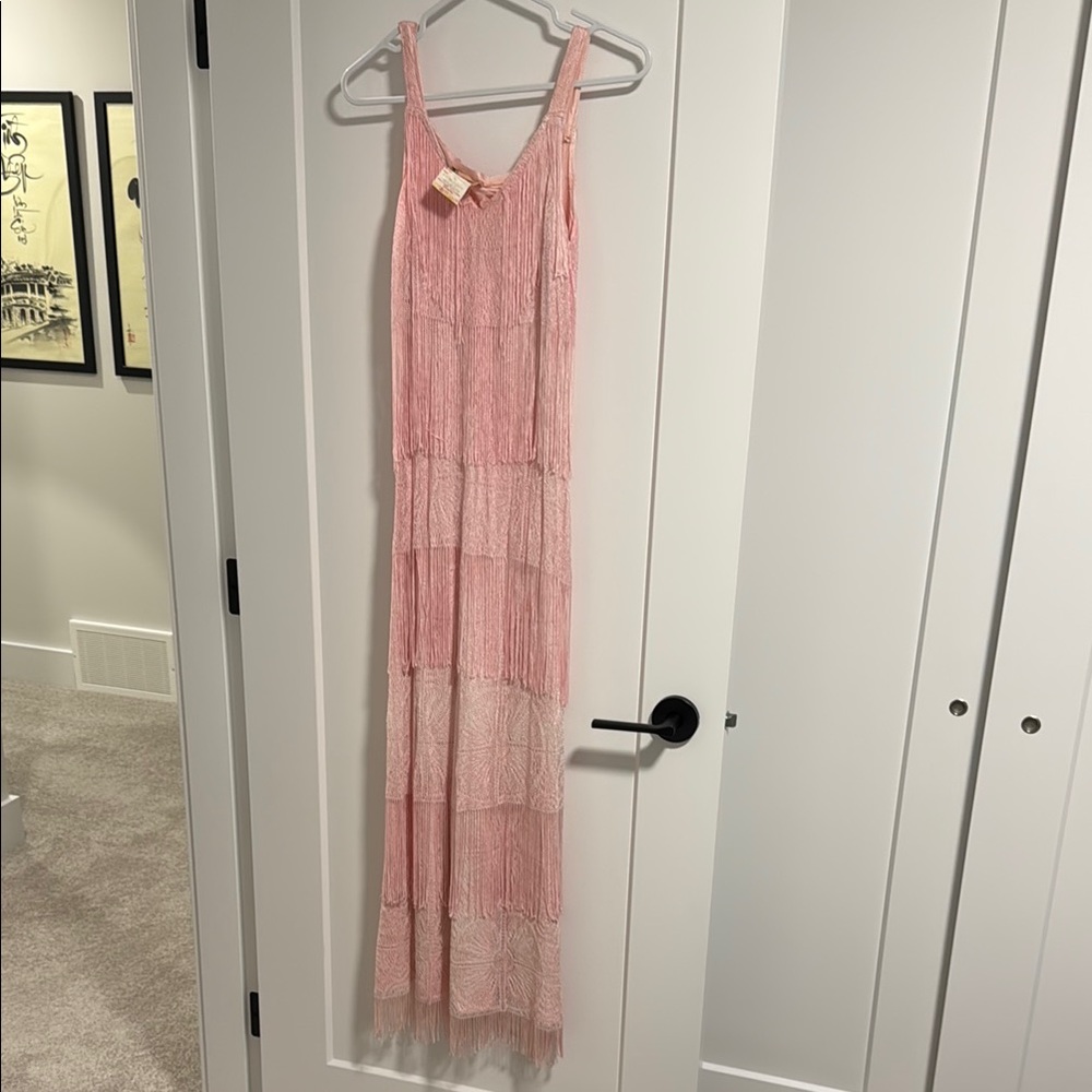 Vintage Elegant Pink Fringe Flapper Maxi Dress